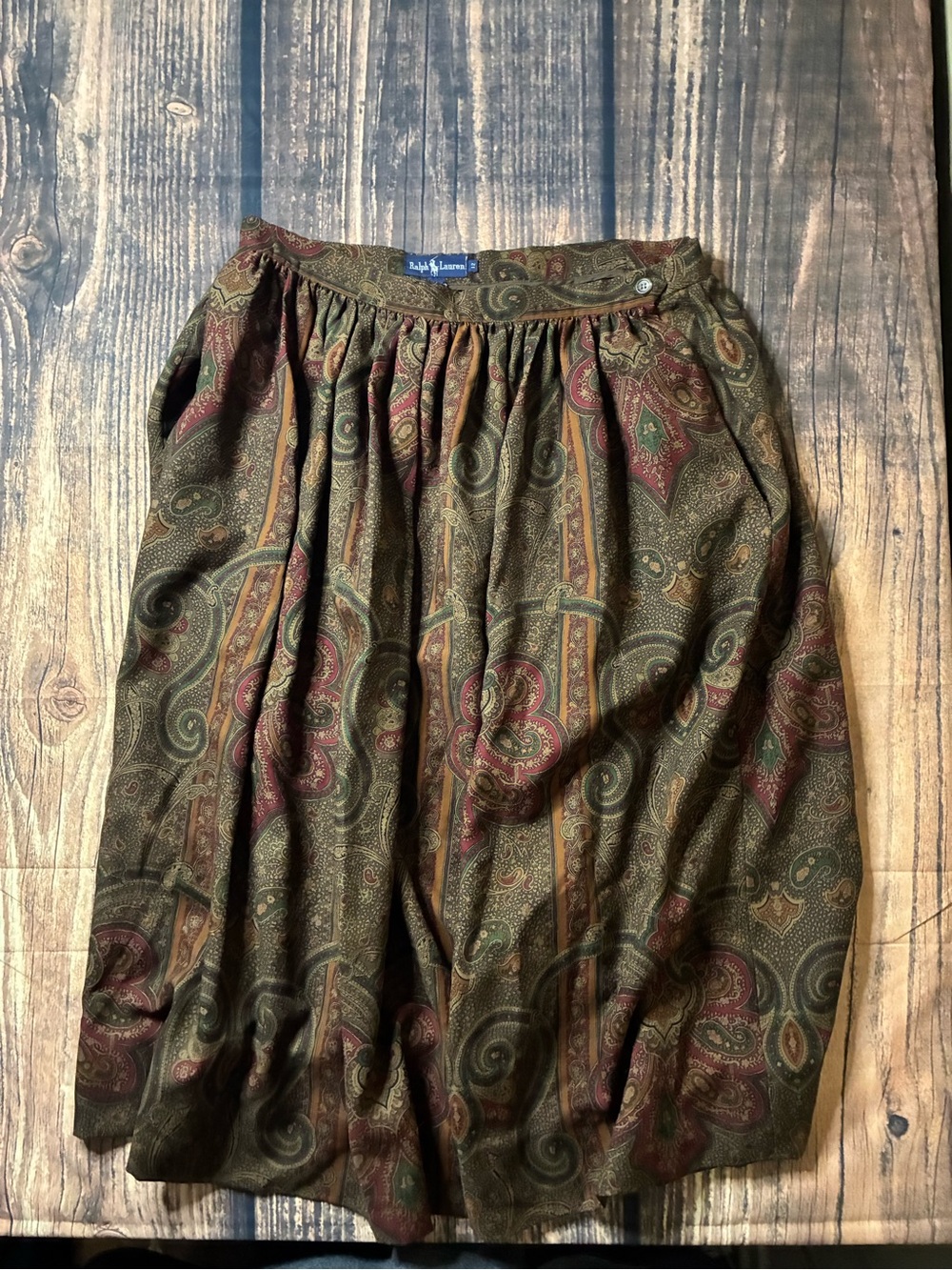 Vintage Ralph Lauren Olive and Burgundy Paisley Gathered Midi Skirt